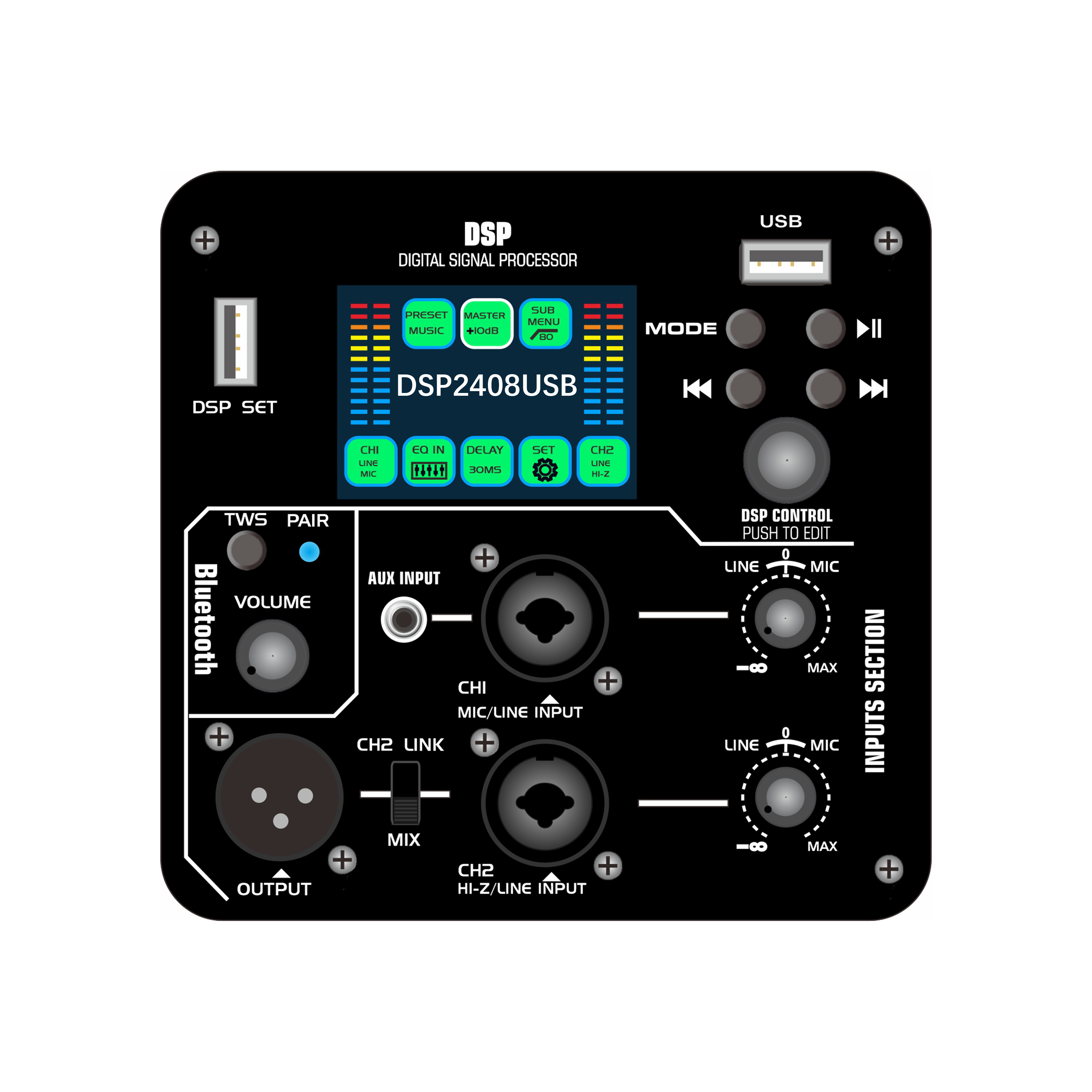 DSP2408USB Màn hình màu Bộ khuếch đại công suất hoạt động DSP với chức năng phát lại âm thanh ổ flash USB